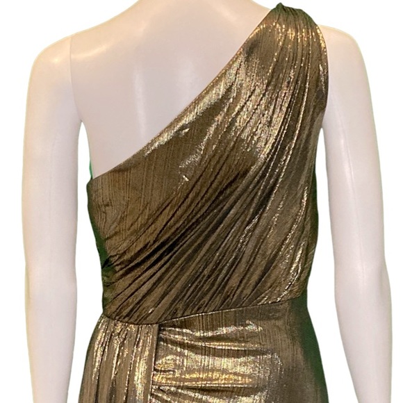 NWT Ieena for Mac Duggal 26537 Gold Metallic Draped One Shoulder Gown- Sz 2 & 4 - Picture 6 of 11